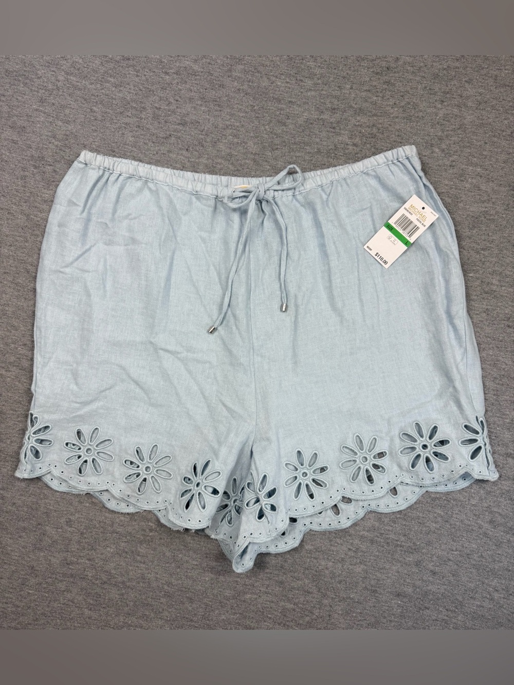 NWT MICHAEL Michael Kors Pastel Blue Linen Blend Eyelet Shorts Size Large